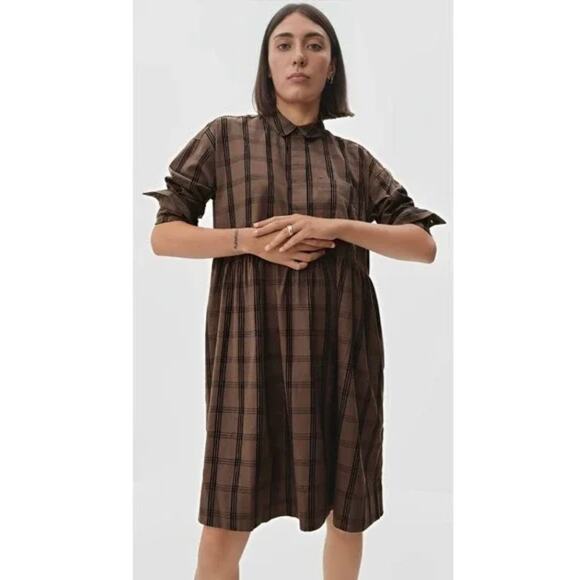 Everlane The Field Mini Shirt Dress | Mocha Brown Plaid Cotton | Oversized Fit - Picture 2 of 7